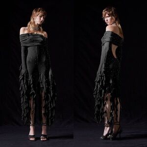 Aniye Records Ary Rhinestone Ruffle Off-Shoulder Jumpsuit Black Medium NWT